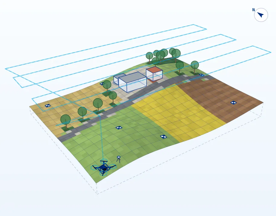 Illustration : un drone survole un site en lignes parallèles et photographie le terrain pour produire une orthophoto.