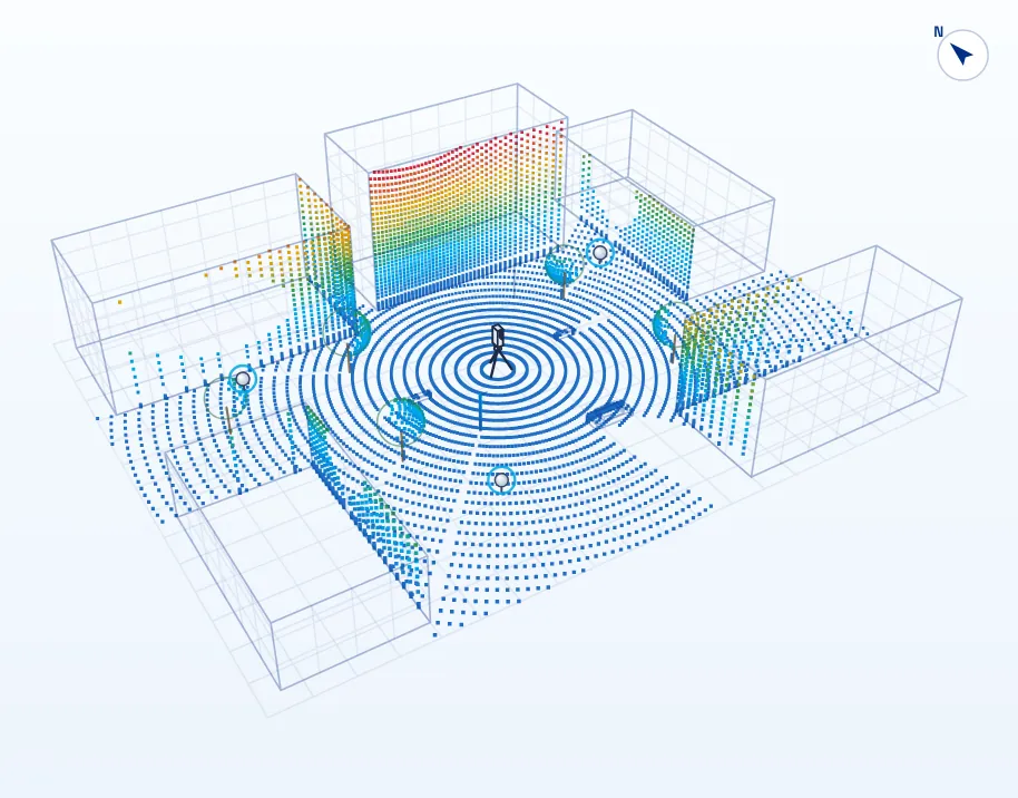 Illustration : une station laser 3D au centre d’une place mesure un nuage de points des bâtiments, des arbres et du sol.